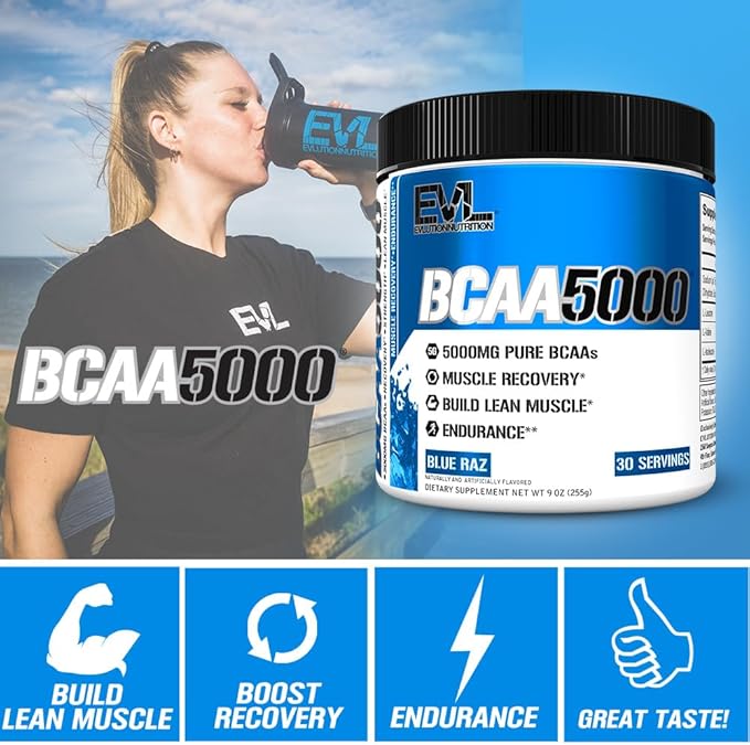 Evlution EVL BCAAs Amino Acids Powder - BCAA Powder Post Workout Recovery Drink and Stim Free Pre Workout Energy - 5g Branched Chain Amino Acids Supplement for Men - Blue Raz