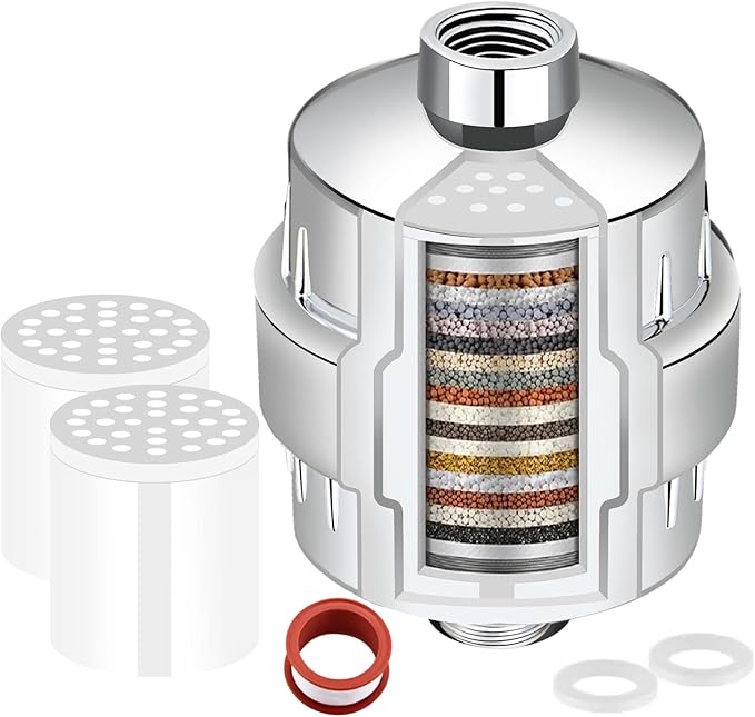 Shower Filter for Hard Water Two Replacement Cartridge High Output Shower Water Filter Silver Remove Chlorine and Fluoride(Silver)