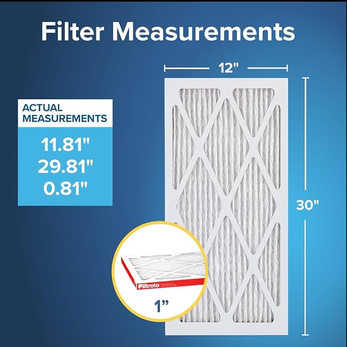 Filtrete 12x30x1 AC Furnace Air Filter, MERV 11, MPR 1000, Micro Allergen Defense, 3-Month Pleated 1-Inch Electrostatic Air Cleaning Filter, 6 Pack (Actual Size 11.81x29.81x0.81 in)