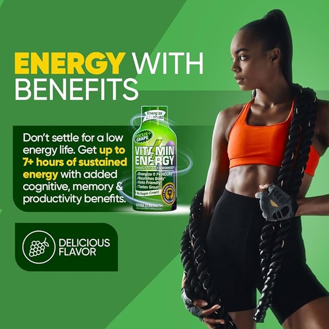 Vitamin Energy Focus+ Extra Strength Energy Shot Grape 12 Pack, 260mg Natural Caffeine, B-Vitamins, CoQ10, Amino Acids, Focus, Productivity & Clarity, Zero Sugar, Gluten-Free, 1.93 fl oz