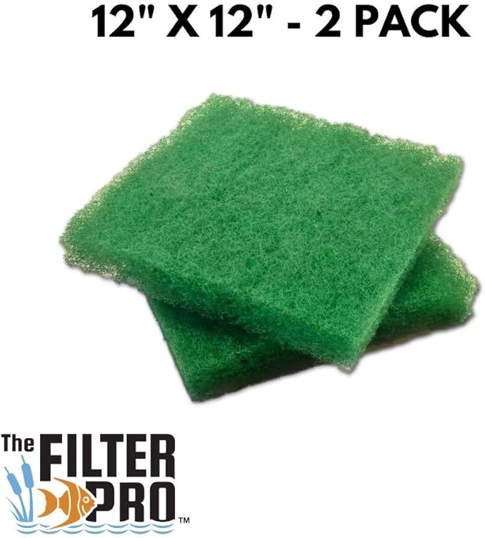 Green Coarse Filter Media, 2" Thick, 12" x 12" Pads, 2 Pack, Perfect for Aquariums, Ponds or Water Gardens, Made in USA