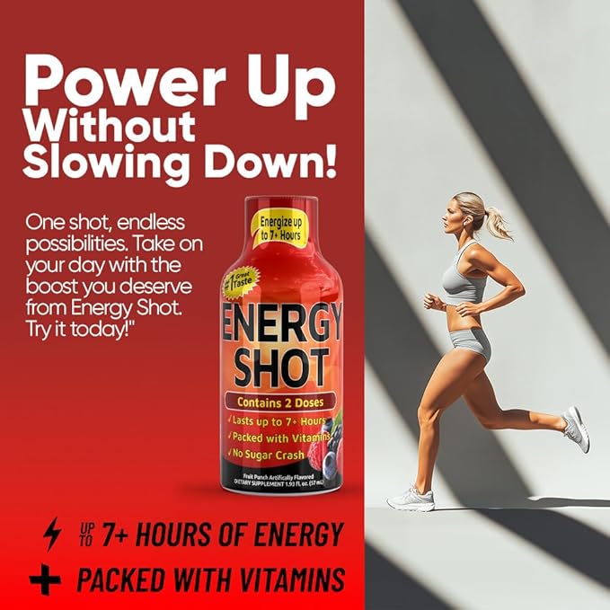 Energy Shot – 2 Servings – 100% DV B-Vitamins & 130mg Plant-Based Caffeine – Zero Calories, Sugar-Free, Vegan, Non-GMO – Energy & Productivity Support (1.93 Fl Oz (Pack of 48), Fruit Punch)