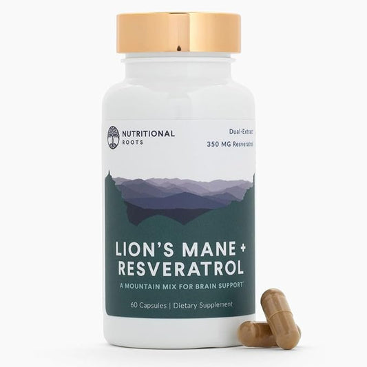 Lion’s Mane + Resveratrol - With 800mg Lion’s Mane Extract & 350mg Trans-Resveratrol Per Serving - Supports Brain & Heart Health - Dietary Supplement - 1 Month Supply - 60 Capsules