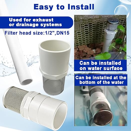 1/2" Stainless Steel Filter Cover Connected to 1/2" PVC DN15 Water Pipe, Suction Strainer Used to Remove Debris and Reduce Solid Entry