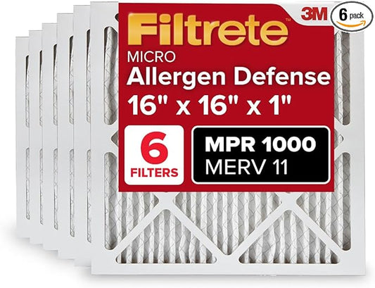 Filtrete 16x16x1 AC Furnace Air Filter, MERV 11, MPR 1000, Micro Allergen Defense, 3-Month Pleated 1-Inch Electrostatic Air Cleaning Filter, 6 Pack (Actual Size 15.81x15.81x0.81 in)