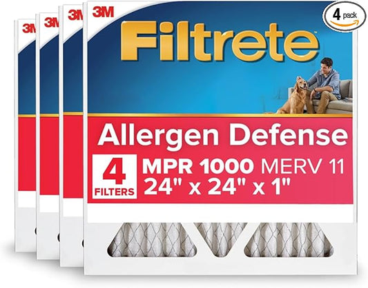 Filtrete 24x24x1 AC Furnace Air Filter, MERV 11, MPR 1000, Micro Allergen Defense, 3-Month Pleated 1-Inch Electrostatic Air Cleaning Filter, 4 Pack (Actual Size 4-Pack 23.69x23.69x0.81 in)