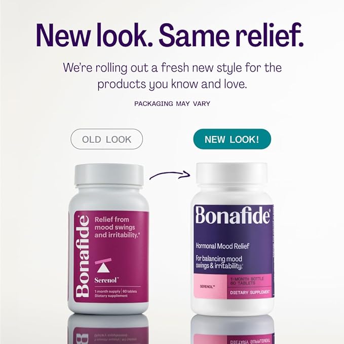 Serenol by Bonafide. Relief from Hormonal Mood Swings, Irritability, & PMS Bloating. — 1-Month Supply (60 Tablets)