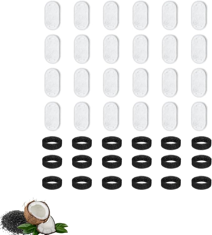 NISPIRA PLWF003 PLWF006 Stainless Steel Cat Water Fountain Activated Charcoal Water Filter Kit Replacements with Spongies For Petlibro 67oz/2L 101oz/3L, Tomxcute 108oz/3.2L 135oz/4 L Pet, 24 Pack