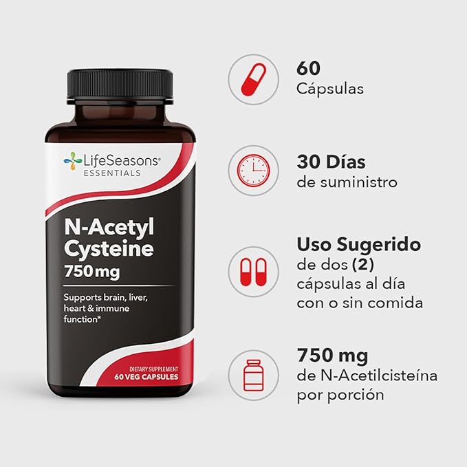 LifeSeasons Essentials N-Acetyl Cysteine (NAC) - Supports Brain, Liver, Heart & Immune Function - Detoxification Supplement - Boosts Immunity & Kidney Health - 60 Capsules