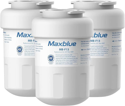 Maxblue MB-F13 Replacement for GE® MWF®, SmartWater® MWFP, MWFINT, MWFA, GWF, HDX FMG-1, GSE25GSHECSS, WFC1201, RWF1060, Kenmore® 9991, Refrigerator Water Filter, 3 Filters