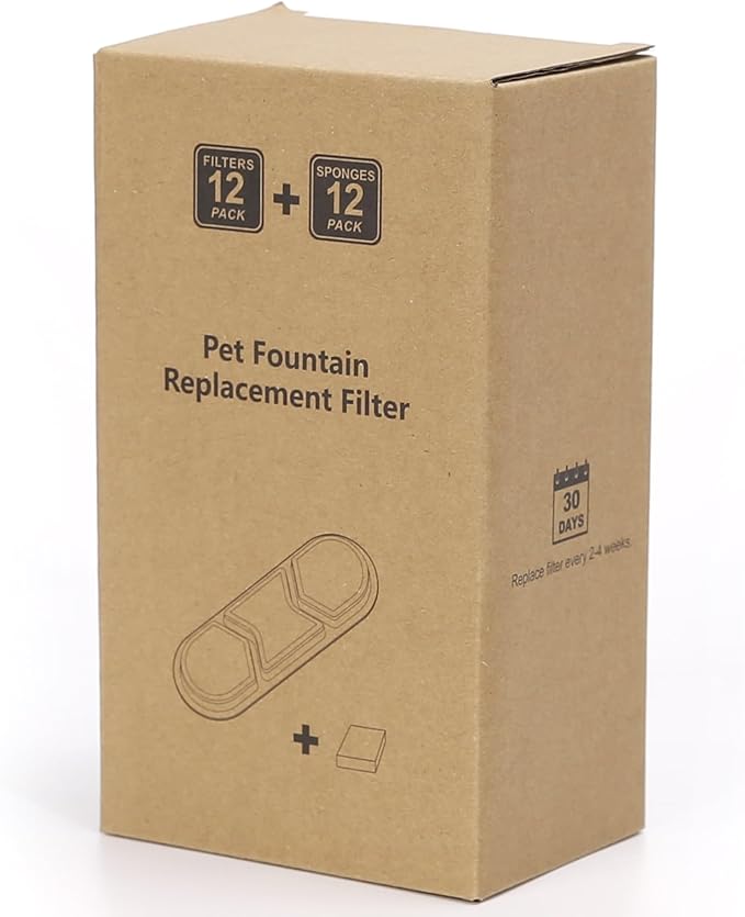 12 Pack Dog Water Fountain Replacement Filters for 410oz/3.2Gal/12L Pet Water Dispenser, ZEKIRY Pet Fountain Filter, 4-Layer Filtration Cat Drinking Bowl Filters and Pump Sponges