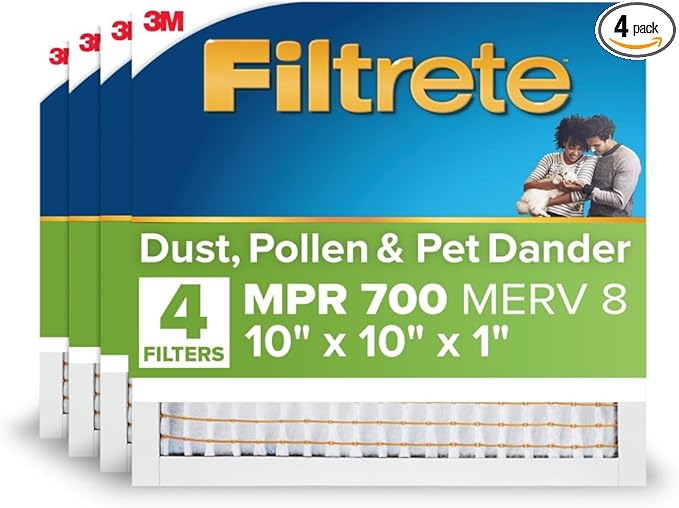 Filtrete 10x10x1 AC Furnace Air Filter, MERV 8, MPR 700, Tough on Pollen, Easy on Airflow, 3-Month Pleated 1-Inch Electrostatic Air Cleaning Filter, 4-Pack (Actual Size 9.813 x 9.813 x 0.8125 in)