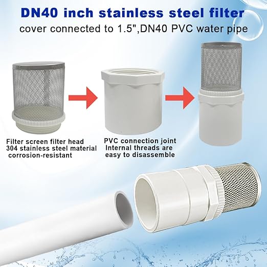 1.5" Stainless Steel Filter Cover Connected to 1.5 inch/DN40 PVC Water Pipe, Suction Strainers Used to Remove Debris and Reduce Solid Entry