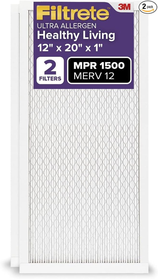 Filtrete 12x20x1 AC Furnace Air Filter, MERV 12, MPR 1500, CERTIFIED asthma & allergy friendly, 3 Month Pleated 1-Inch Electrostatic Air Cleaning Filter, 2-Pack (Actual Size 11.81x19.81x0.78 in)