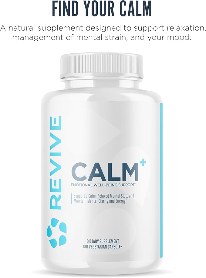Revive MD Calm, Emotional Well-Being Support Supplement - Stress Management for Men & Women - Mood Enhancement Supplement Promotes Relaxation with L-Theanine, GABA & 5-HTP - 180 Capsules