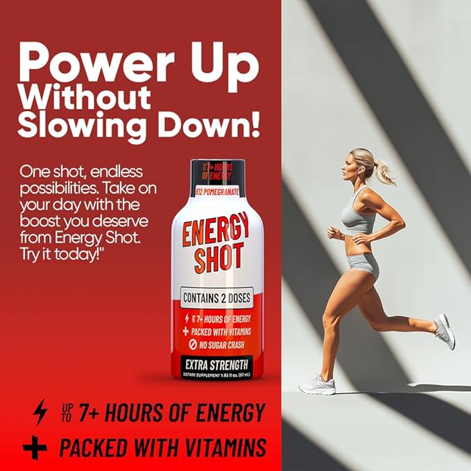 Energy Shot – 2 Servings – 100% DV B-Vitamins & 130mg Plant-Based Caffeine – Zero Calories, Sugar-Free, Vegan, Non-GMO – Energy & Productivity Support (1.93 Fl Oz (Pack of 24), Pomegranate)