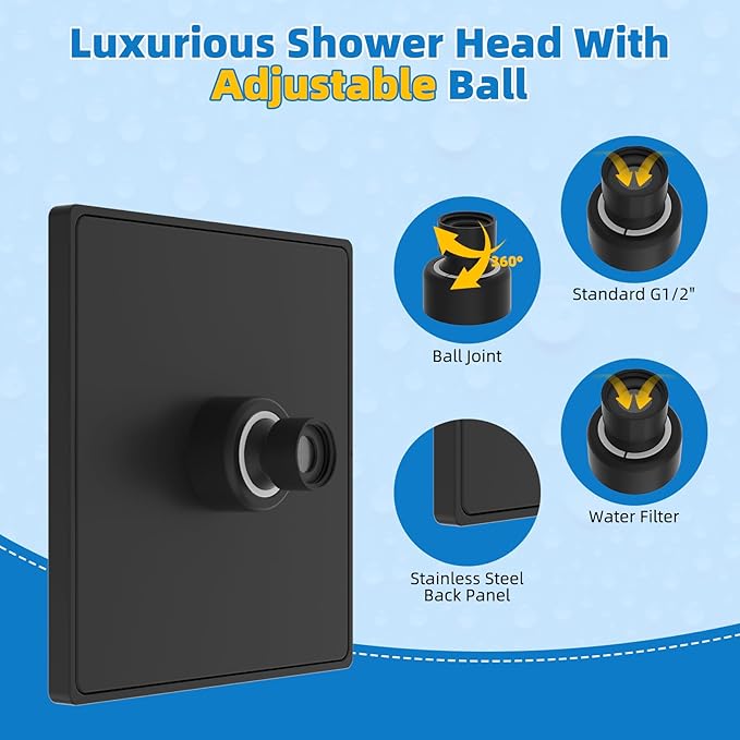 Hibbent Metal Filtered Shower Head, 6'' High Pressure RainShower Head, 20 Stage Shower Filter for Hard Water Softener, Bathroom Rainfall Shower Head to Remove Chlorine and Heavy Metals, Matte Black