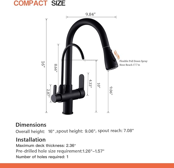 WANFAN Kitchen Sink Faucet with Pull Down Sprayer 2 Handle 3 in 1 Water Filter Purifier Faucets Black 0195R