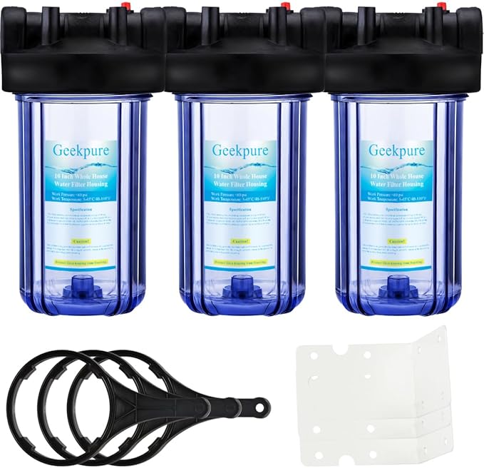 Geekpure 10 Inch Water Filter Housing for Whole House Water Filtration with Wrench Bracket -1" Port-Clear -4.5" x 10" (3)