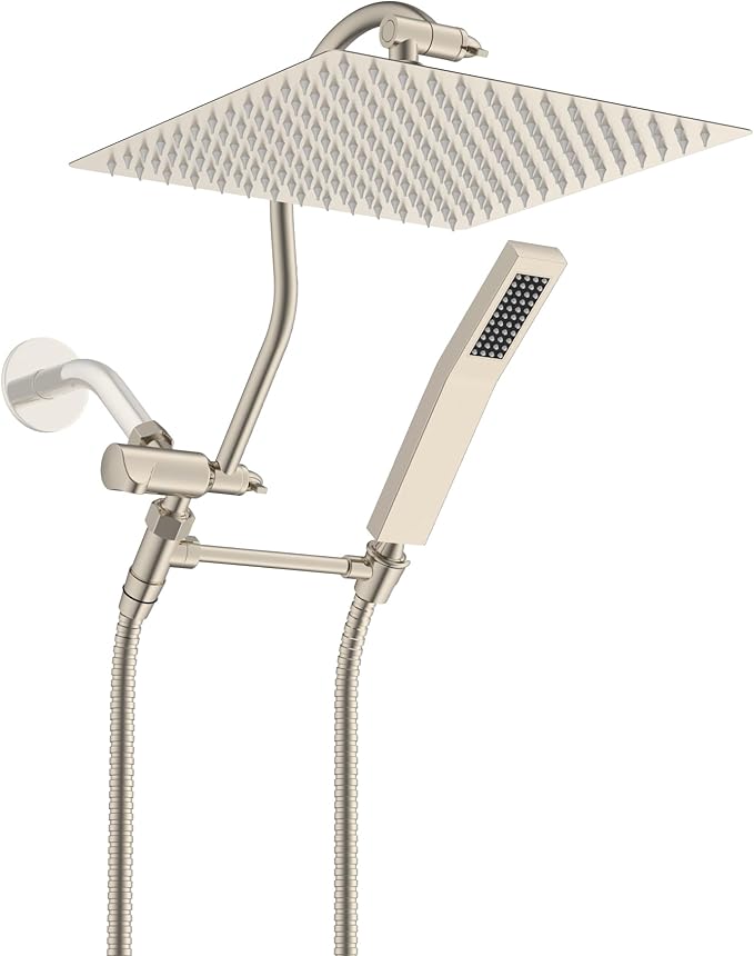 Hibbent All Metal Shower Head, 12'' High Pressure Rainfall Shower Head, Showerhead Combo, Handheld Shower Wand, 12'' Adjustable Shower Extension Arm, 71'' Hose, Shower Head Holder, Brushed Nickel