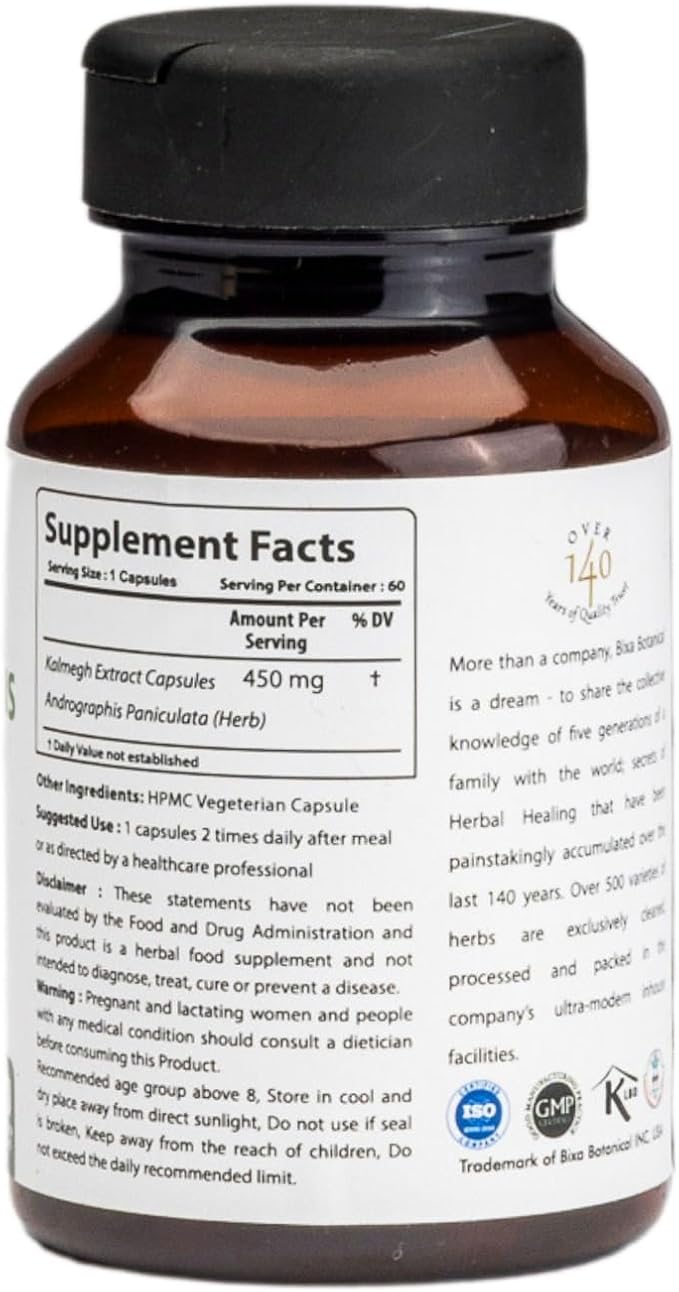 bixa BOTANICAL Ayurvedic Natural Herbal Supplement Andrographis (Kalmegh) Extract 20% Andrographolide | Natural Liver Tonic | for Healthy Immunity (450mg) Veg Capsules 60 Count (Pack of 1)