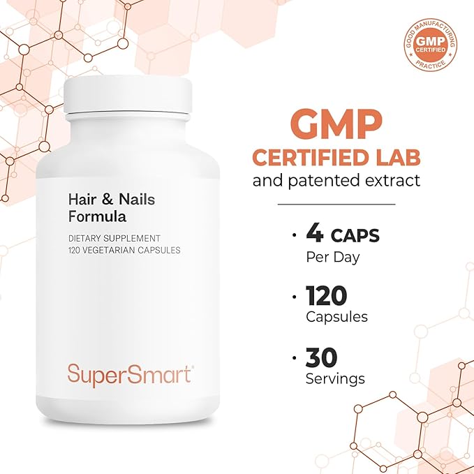 SuperSmart - Hair & Nails Formula - Patented Solubilized Keratine Supplement - with Biotin, Bamboo Extract, MSM, Cynatine HNS Keratin | Non-GMO & Gluten Free - 120 Vegetarian Capsules