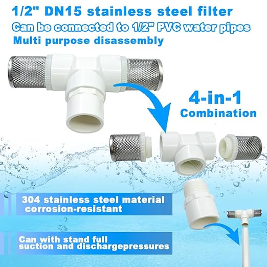 1/2" T Strainers Steel Filter Cover Connected to 1/2" PVC DN15 Water Pipe, Suction Hose T Strainer Used to Remove Debris and Reduce Solid Entry