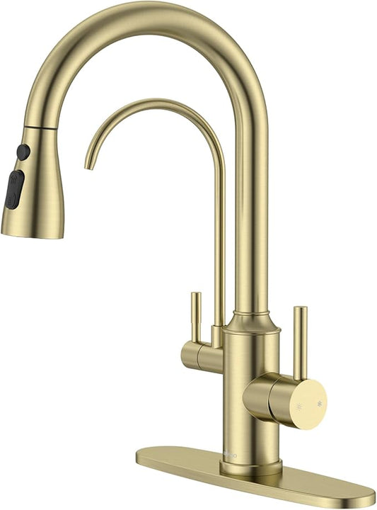 APPASO Kitchen Faucet with Water Filter, 2 Handle 3 Way Gold Kitchen Sink Faucet, High Arch 3 Hole Kitchen Faucet with Pull Down Sprayer - 3 in 1 Faucet (Without Water Filtration Device)