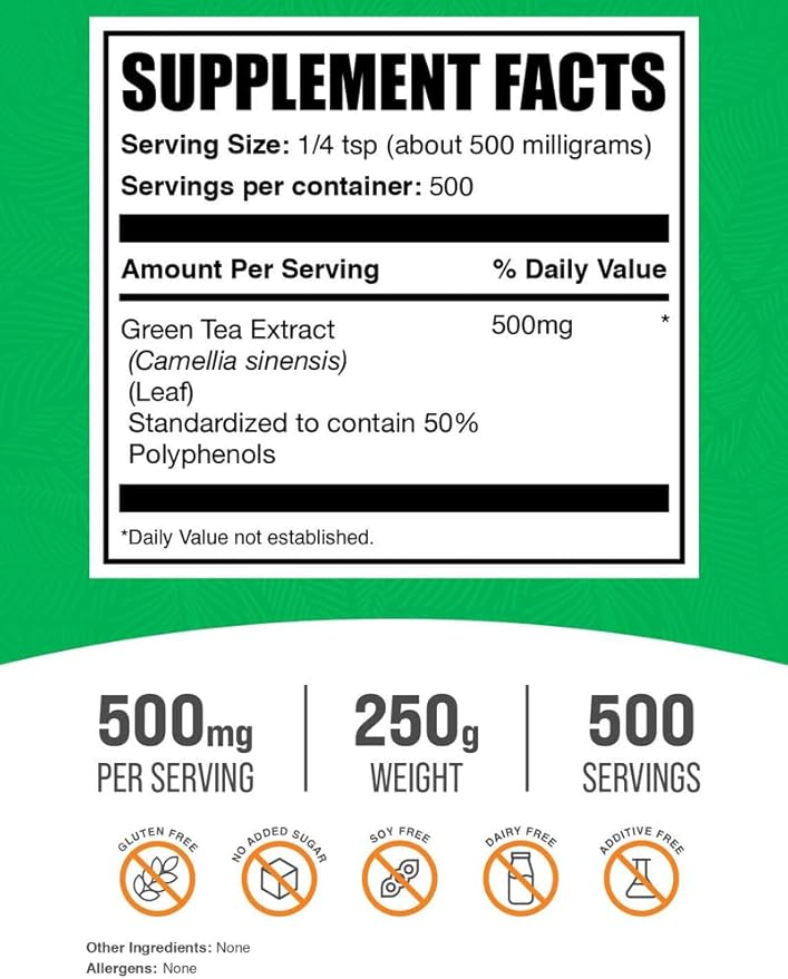 BulkSupplements.comgreen Tea Extract Powder - 50% Polyphenols Supplement, EGCG Supplements - Gluten Free, 500mg per Serving, 100g (3.5 oz) (Pack of 1)