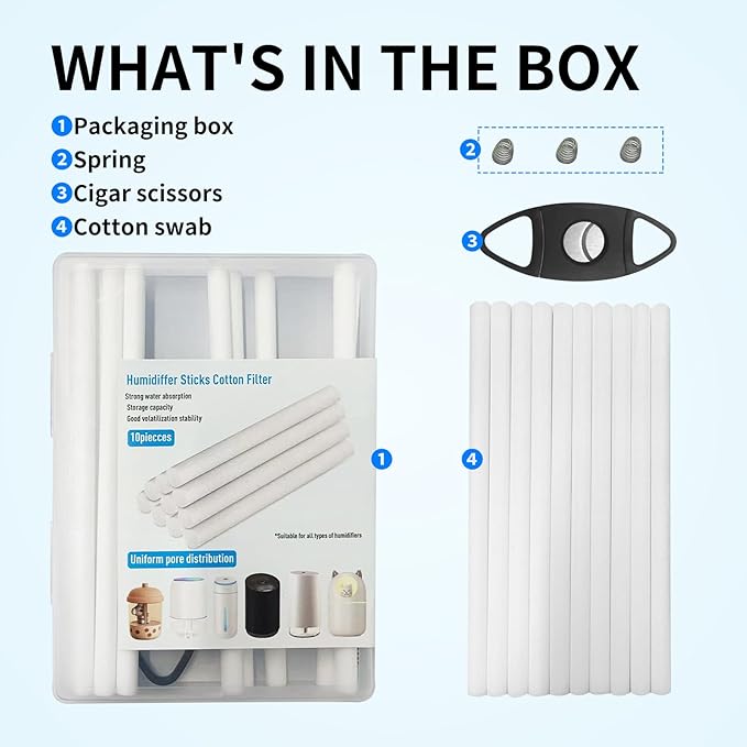 10-Pack Humidifier Filter Cotton Replacement Core, Trimmable Cotton Stick for USB-Powered Smart Humidifiers - Compatible with Cars, Offices, Bedrooms, Mini Humidifier Accessories (5.91 Inch)