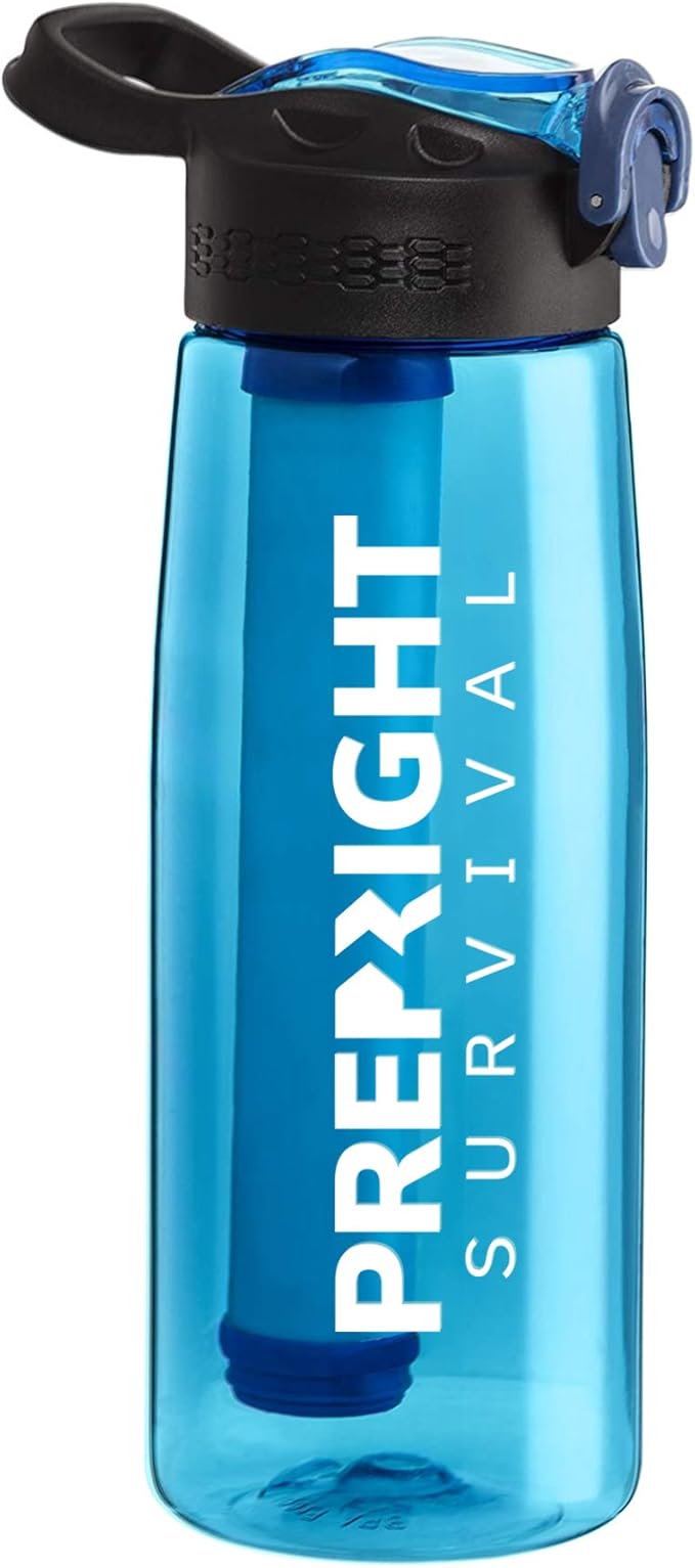 Survival – 4-Stage Water Filter Bottle, BPA-Free 22oz Camping Water Bottle with Built-In Compass, Travel and Emergency Preparedness Gear, Teal