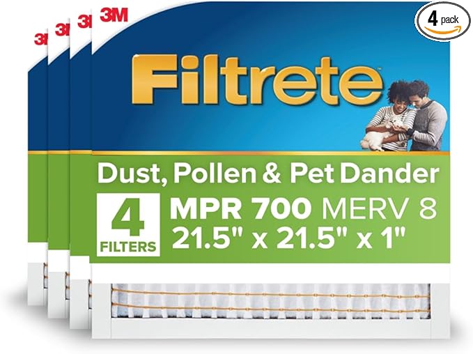 Filtrete 21.5x21.5x1 AC Furnace Air Filter, MERV 8, MPR 700, Tough on Pollen, Easy on Airflow, 3-Month Pleated 1-Inch Electrostatic Air Cleaning Filter, 4-Pack (Actual Size 21.19 x 21.19 x 0.81)