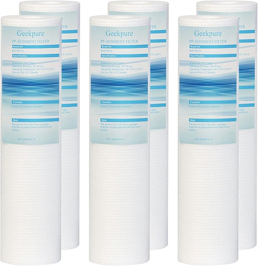 Geekpure 10 Inch PP Sediment Replacement Cartridge for RO Water Filtration- 2.5" x 10"-5 Micron -Pack of 6