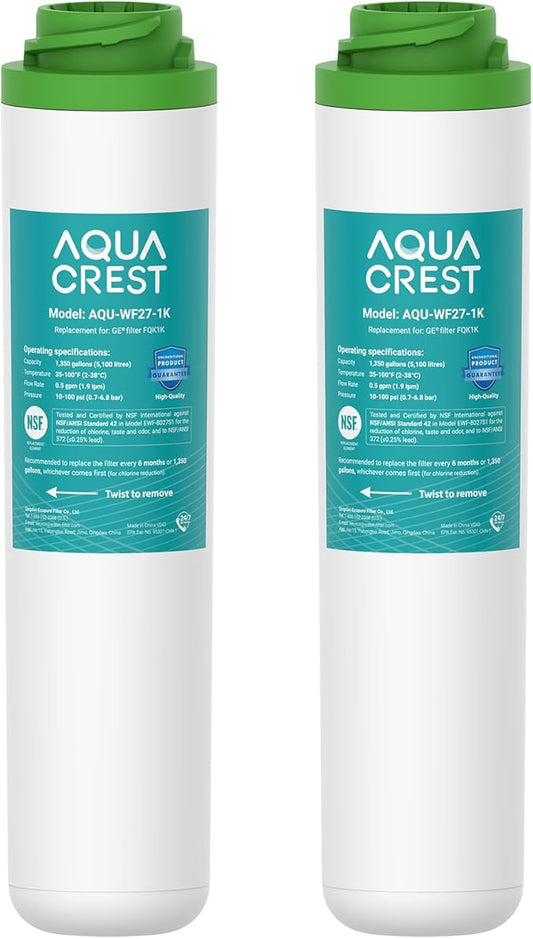 AQUA CREST FQK1K Under Sink Water Filter, NSF/ANSI 42 372 Certified, 1350 Gallons, Replacement for GE FQK1K, FQK2J, GXK185K and GX1S50R (Pack of 2)