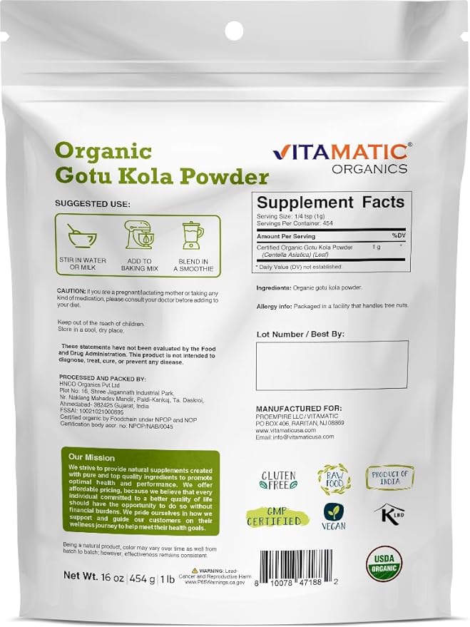 Vitamatic Certified USDA Organic Gotu Kola Powder – 1 Pound (16 Ounces) – Natural Brain & Circulatory Support – Non-GMO & Gluten-Free