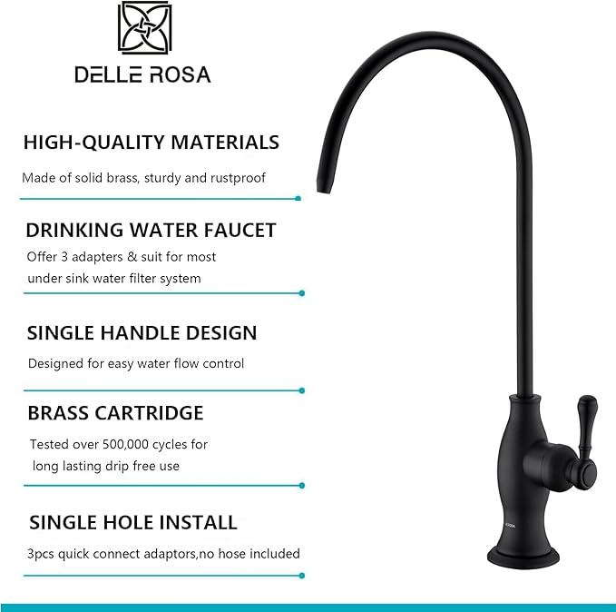 Delle Rosa Drinking Water Purifier Faucet, Commercial Filtration Faucets for Under Sink Water Filter System, Modern Best Brass Matte Black Kitchen Bar Sink Drinking Water Faucets