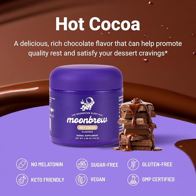 MoonBrew Nighttime Magnesium Hot Cocoa, Natural Sleep Aid Drink Mix for Adults, 3-Pack - Calming Melatonin-Free Sleep Support - Sleepy Hot Chocolate Powder with L-Theanine, Chamomile & Zinc Glycinate