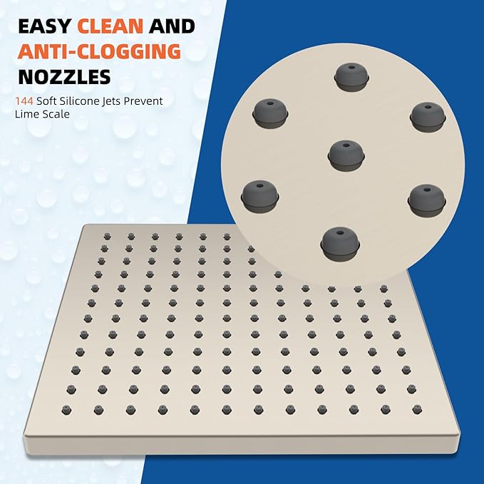 Hibbent Thickness Metal Rain Shower Head, 12 Inch High Pressure Shower Heads, Square Large Bathroom Rainfall Shower Head with Adjustable Brass Ball Joint, Waterfall Full Body Coverage, Brushed Nickel