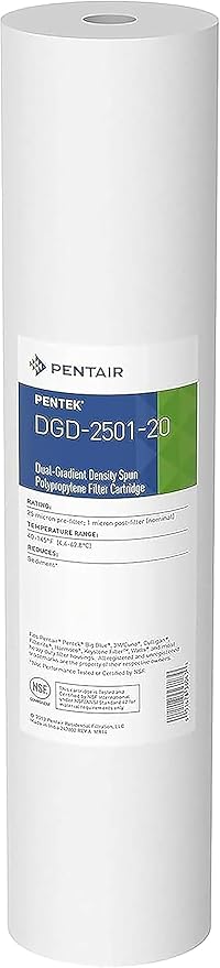 Pentair Pentek DGD-2501-20 Big Blue Water Filter, 20-Inch Whole House Sediment Filter Cartridge Replacement, Dual-Gradient Density Spun Polypropylene, 20" x 4.5", 1 Micron, Pack of 1, White