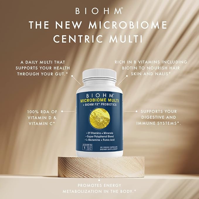 BIOHM Multivitamin for Women & Men, Microbiome Multi with Probiotics (60 Capsules, 30 Servings) 21 Vitamins & Minerals, Green Tea, Glutamine & Antioxidants, Non-GMO, Gluten Free, Vegetarian