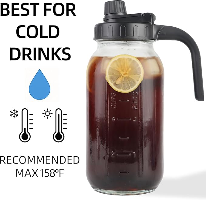 Glass Mason Jar Pitcher with Lid - 2 Quart (64 oz) Wide Mouth Water Jug, Set of 2 - BPA-free, Leak Proof - Sun & Iced Tea Pitcher, Cold Brew Coffee, Breast Milk Storage, Juice, Drink