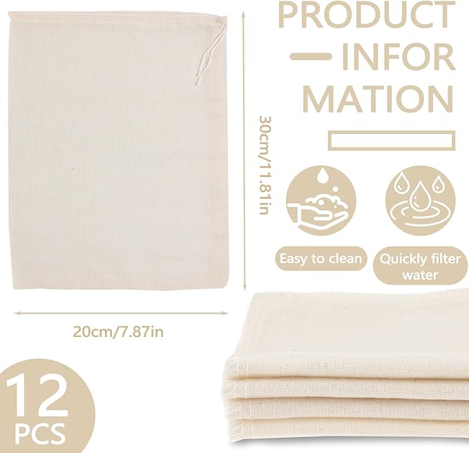 12 Pieces Milk Nut Bag Strainer 7" x 11", Reusable Cheese Cloth Bag for Straining Fruit Juice, Fine Mesh Food Cloth Strainer Filter for Cream Cold Brew Coffee Butter Yogurt Tea Tofu (20x30cm)
