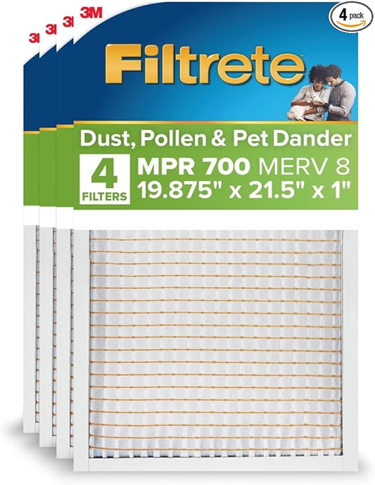 Filtrete 19.875x21.5x1 AC Furnace Air Filter, MERV 8, MPR 700, Tough on Pollen, Easy on Airflow, 3-Month Pleated 1-Inch Electrostatic Air Cleaning Filter, 4-Pack (Actual Size 19.56 x 21.19 x 0.81 in)