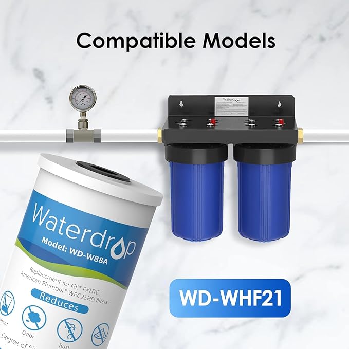 Waterdrop FXHTC Whole House Carbon Water Filter, Replacement for GE® FXHTC, GXWH40L, GXWH35F, Culligan® RFC-BBSA, American Plumber W10-PR, W10-BC, WRC25HD, 10" x 4.5" Cartridge, 5 Micron, Pack of 4