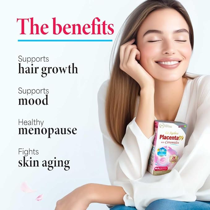 LABO Nutrition Le Ageless Placenta 99 with Ceramides -Placenta Supplement with Collagen Peptides, Oryza Ceramides -Skin Regeneration, Hydration, Anti-Aging Wrinkle Support, Immune Health, 60 Capsules