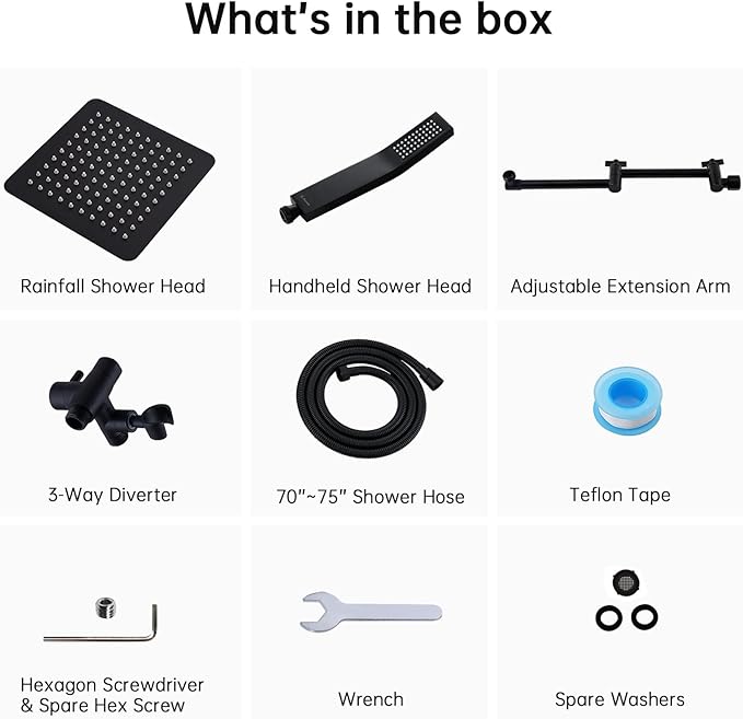 G-Promise All Metal 10 Inches Rainfall Shower Head with Handheld Spray Combo, 3 Settings Diverter, Adjustable Extension Arm with Lock Joints, 71 Inches Stainless Steel Hose (Matte Black)