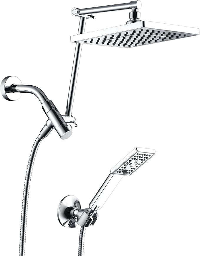 BRIGHT SHOWERS High Pressure Rain Shower Head Combo with Double Extension Arm, 8 Inch Rainfall Shower Head with Handheld Spray, Height Adjustable Dual Square Showerhead Set, Chrome