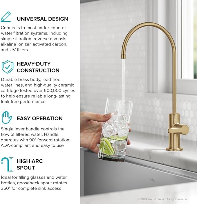 KRAUS Oletto Single Handle Drinking Water Filter Faucet for Reverse Osmosis or Water Filtration System in Brushed Brass, FF-103BB