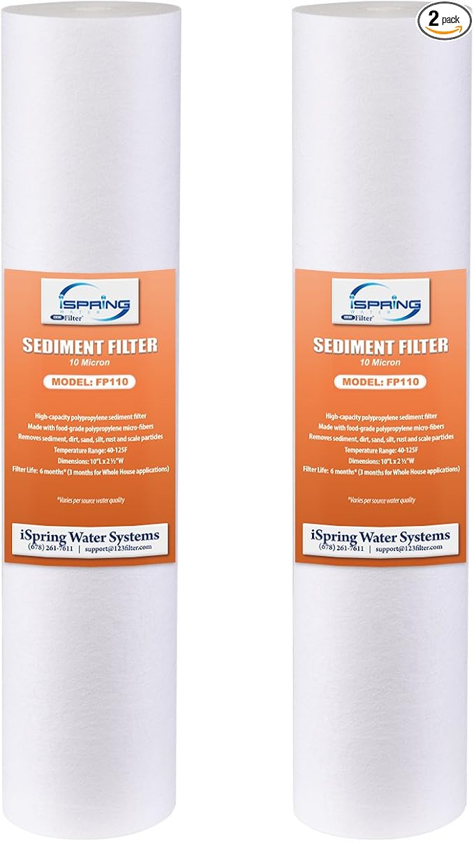 iSpring FP110X2 10"x2.5" Universal Sediment Water Filter Replacement Cartridges, 10 Micron Multi-layer Sediment Filter, 2 Pack