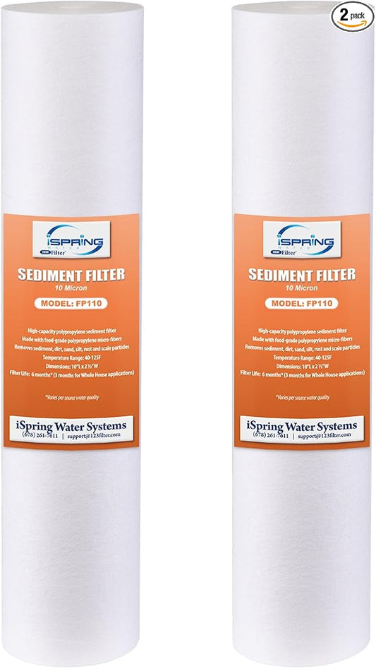 iSpring FP110X2 10"x2.5" Universal Sediment Water Filter Replacement Cartridges, 10 Micron Multi-layer Sediment Filter, 2 Pack